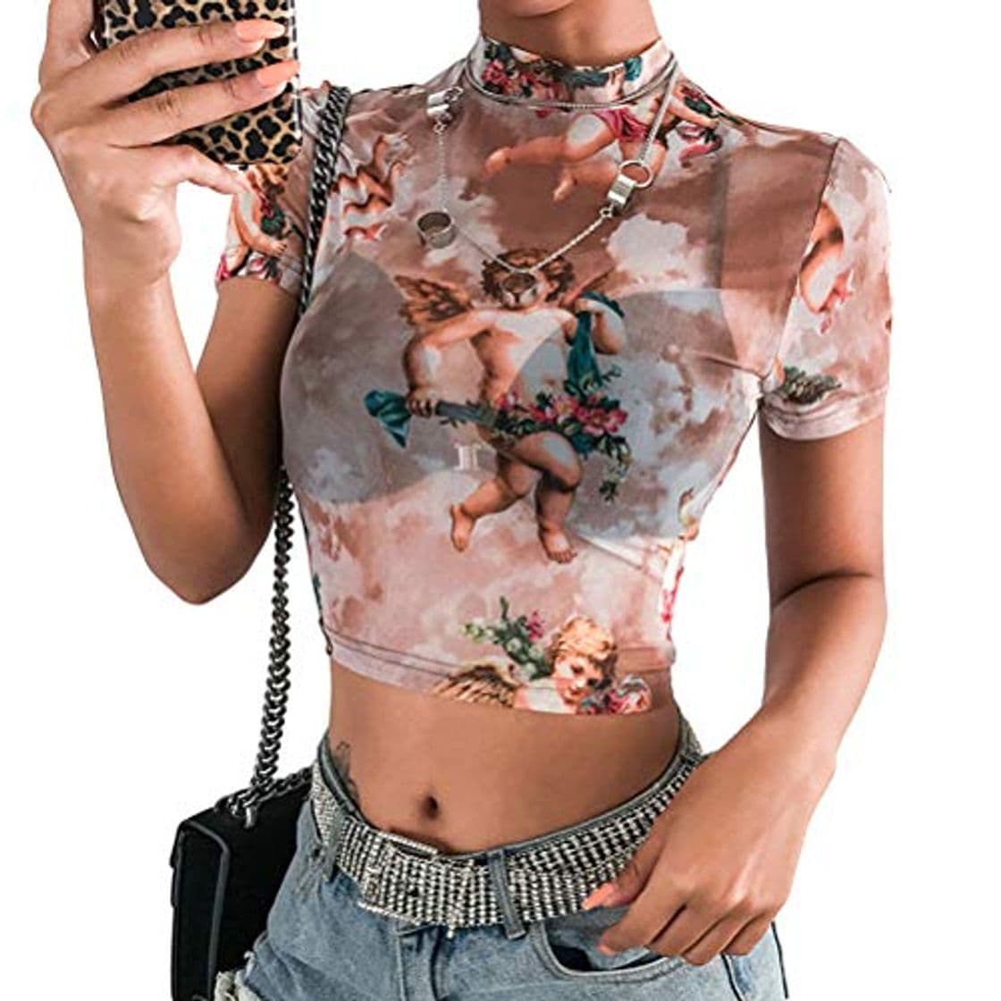 Fashion Mujeres Manga Corta Falso Cuello Ángel Imprimir Sexy Sheer Mesh Crop Tops