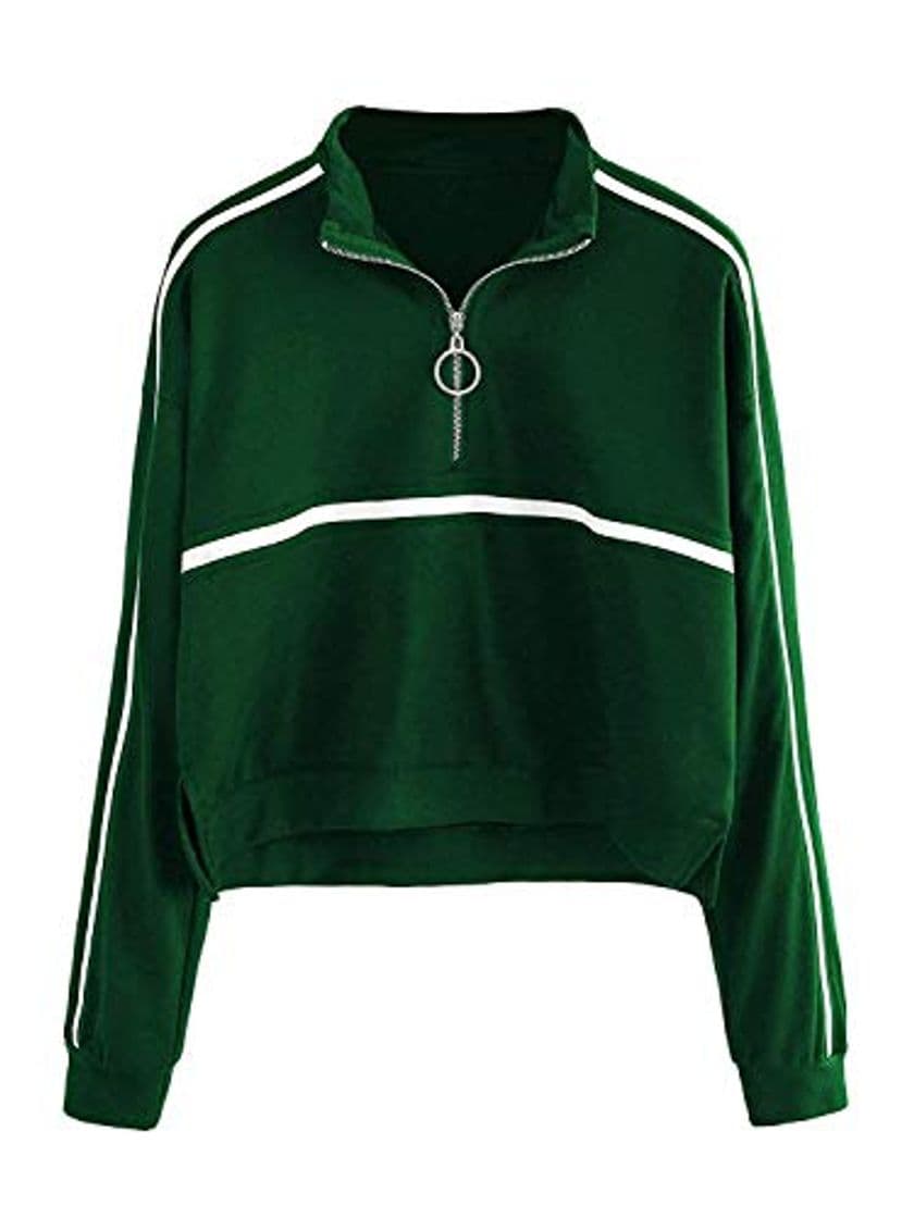 Moda ROMWE Women's Zip Front High Neck Tape Striped Detail Crop Sweatshirt