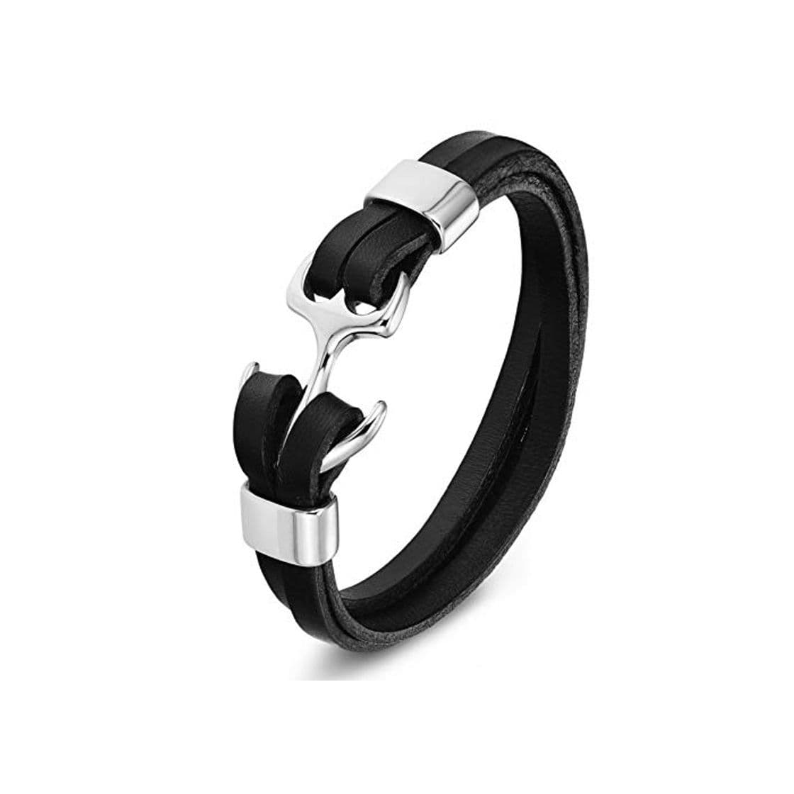 Product Pulsera De Cuero para Hombre, Cuero Genuino Acero Inoxidable Pulsera Cadena Encanto