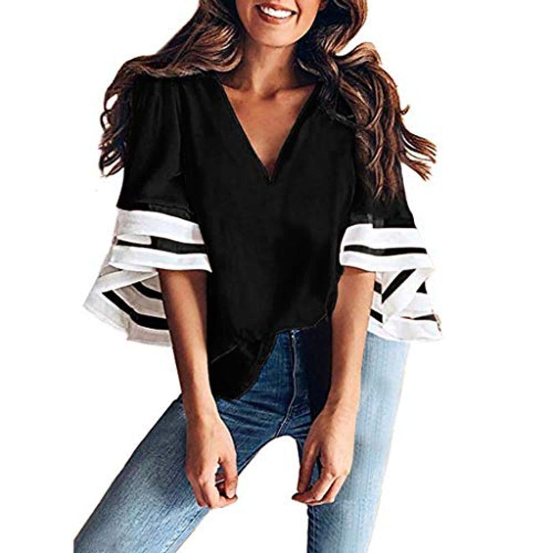 Moda Women Summer Fashion V Neck Tops Three Quarter Sleeve Shirt Pullover Blouse Camisas Mujer Camiseta Estampada de Manga Larga con para Mujer Tallas Grandes Camisetas y Tops Camisa de Vestir Blusas