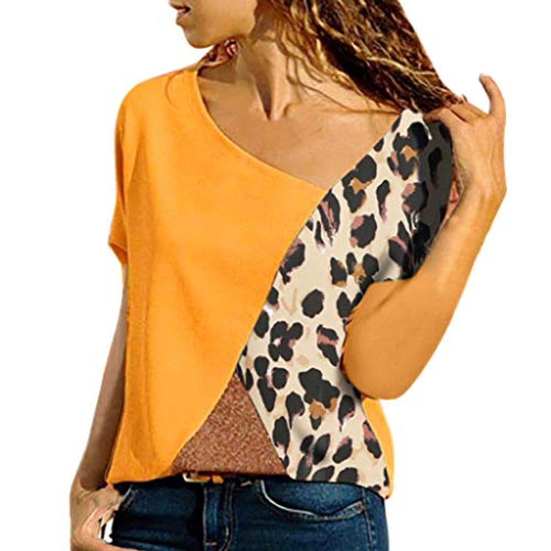 Moda Camisetas de Talla Grande con Cuello asimétrico en Color Bolsillo Bolsillo Leopardo Camisetas Camisas Mujer Blusa Camisetas Manga Larga Sexy Tops Color Sólido Sexy Camisetas y Tops Pullover