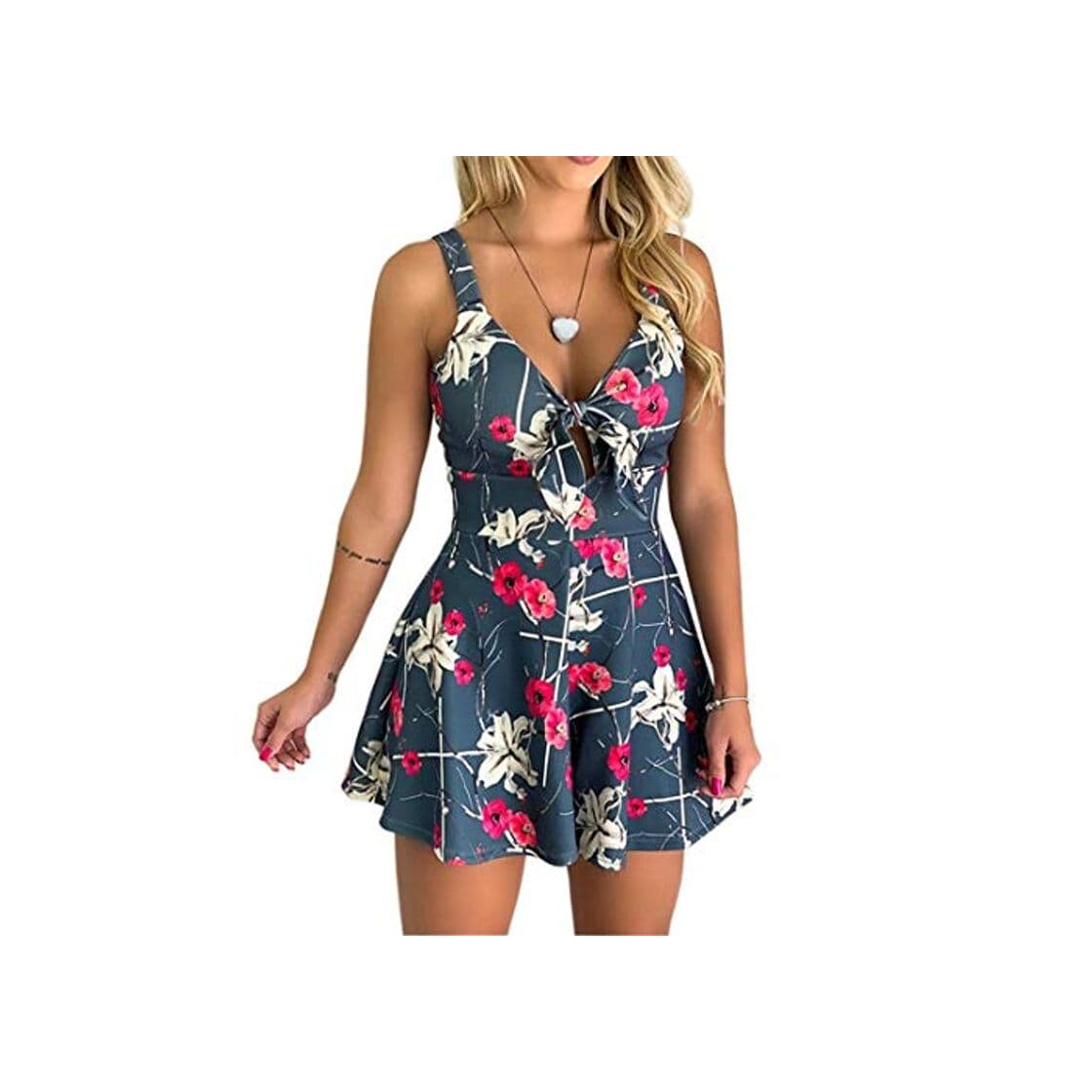 Product Fliegend Monos Mujer Cortos Estampados de Flores Vestido Jumpsuit Pantalone Corto de Verano Playa Strap Cuello V Mono Overall S