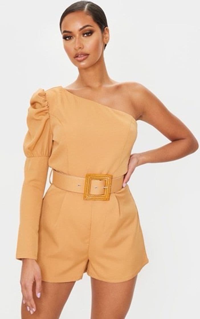 Fashion Camel Puff Sleeve One Shoulder Belted Playsuit | 🤎