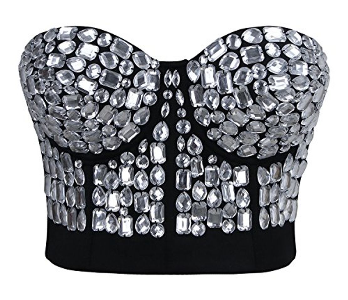 Moda Charmian Women's Punk Rhinestone Push Up Bra Clubwear Party Bustier Crop Top Silver Large