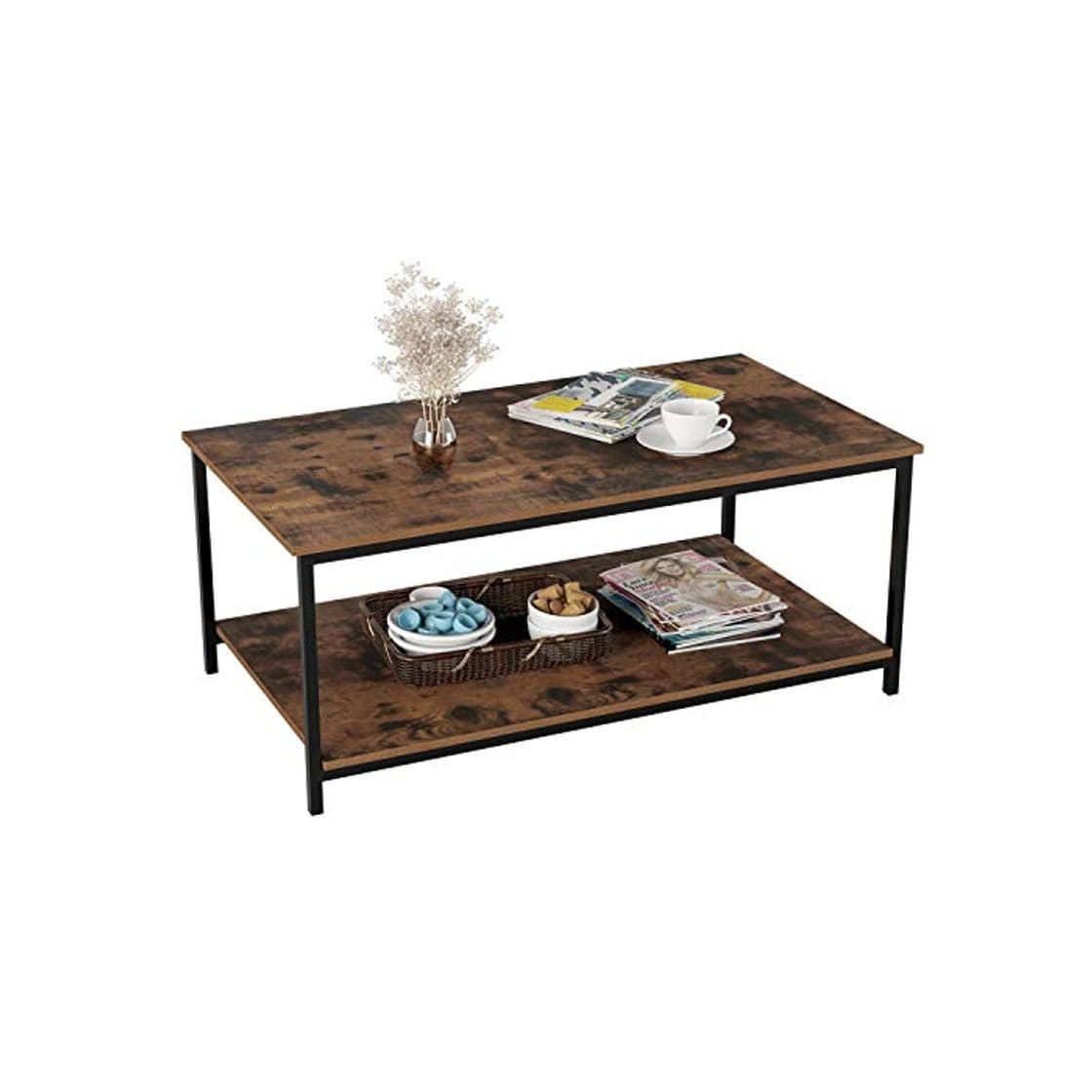 Producto Homfa Mesa de Centro Mesa Auxiliar Salón Mesa de Café Mesa Metálica y Madera con 2 Niveles Negro y Vintage 108x52x45cm