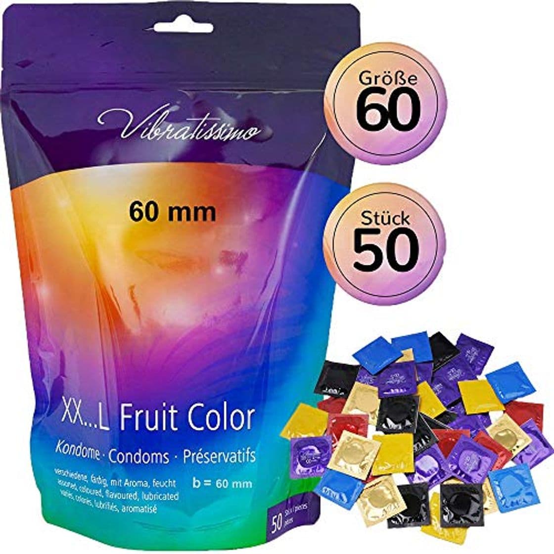 Product Nuevo!! - Amor Vibratissimo®"MiTalla FRUIT COLOR 60mm" 50 pack preservativos