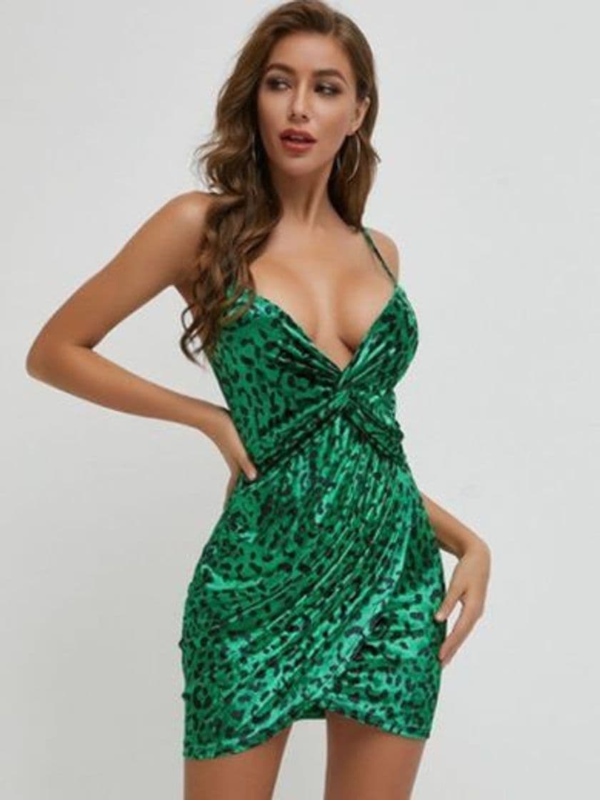 Fashion Vestido de terciopelo de leopardo de cuello profundo 🐆💚