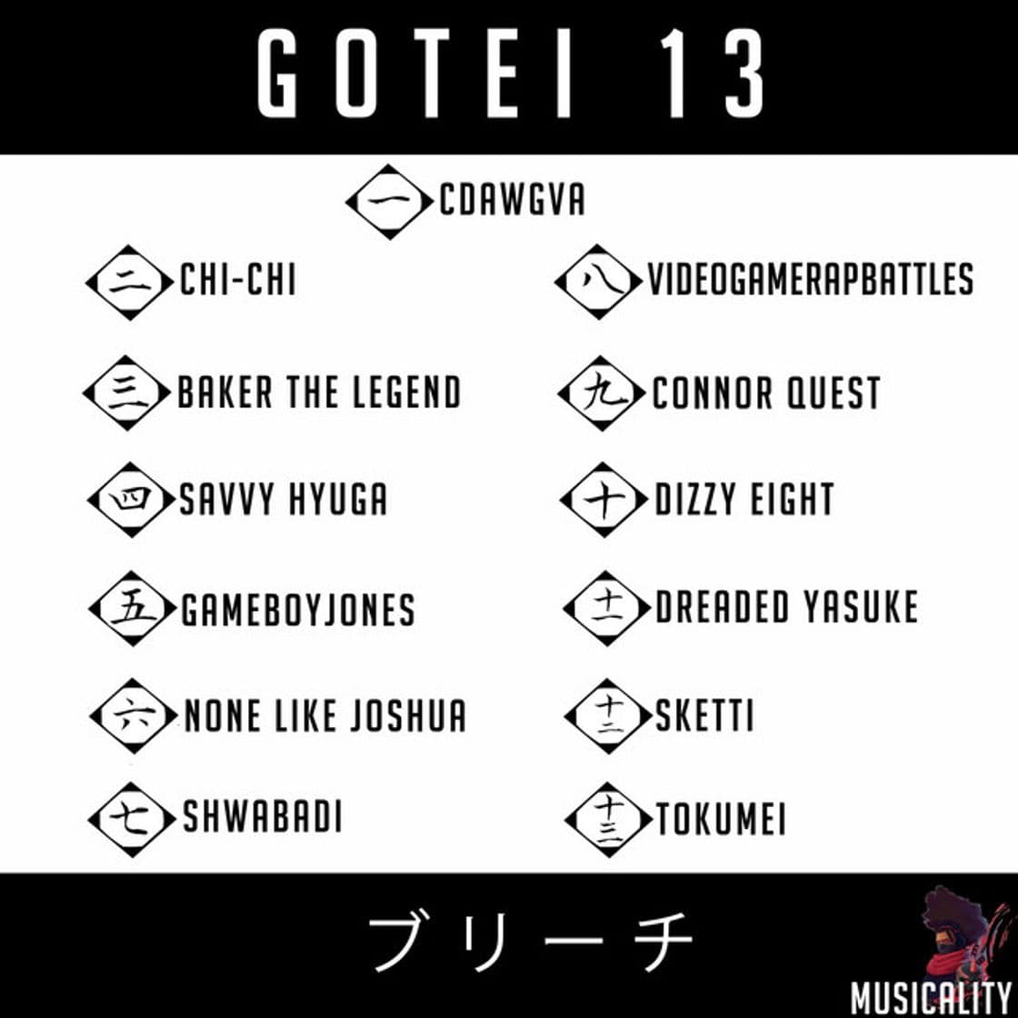 Canción Gotei 13 (Bleach) [feat. Musicality, Cdawgva, Chi-Chi, Baker the Legend, Savvy Hyuga, Gameboyjones, Shwabadi, VideoGameRapBattles, Connor Quest!, Dizzy Eight, Dreaded Yasuke, Sketti & Tokumei]