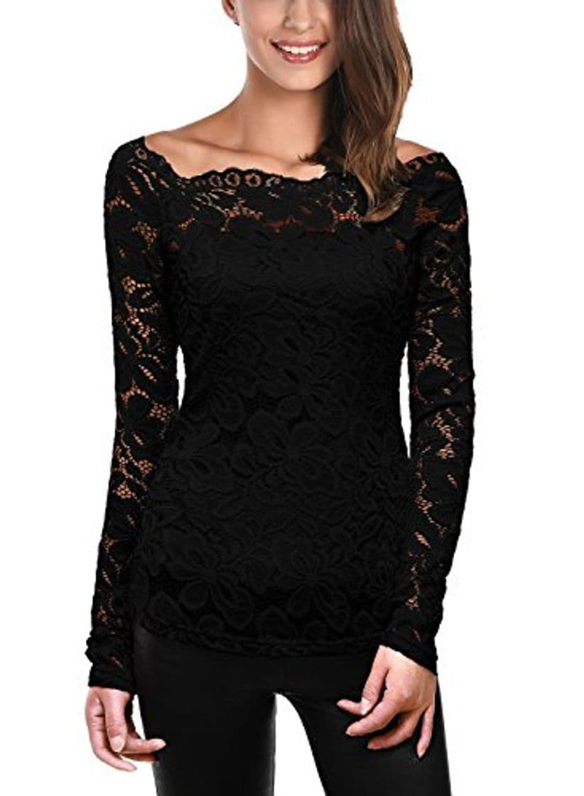 Producto DJT Mujeres 2 en 1 Camisa de Encaje Floral Crochet Top Shoulder Off Lace Shirt Negro Small