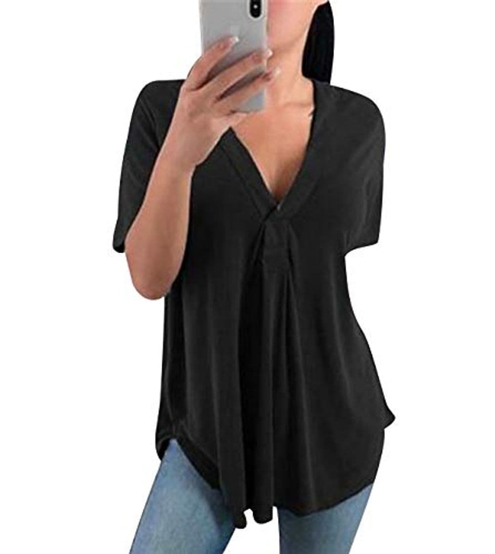 Product Camiseta Cuello V Mujer Oversize Camisetas Lisas Manga Corta Escote V Mujeres Basicas Anchas Tops Verano Damas Casual Remeras Largas Playeras Camisas Señora Blusas Amplias Tunica Túnico Negro 3XL