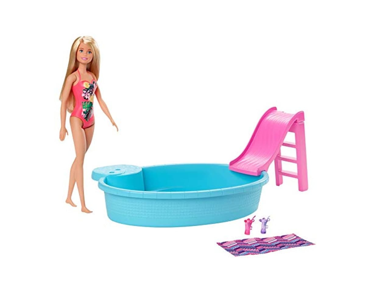 Product Barbie muñeca rubia de 30 cm con piscina, tobogán y accesorios, regalo