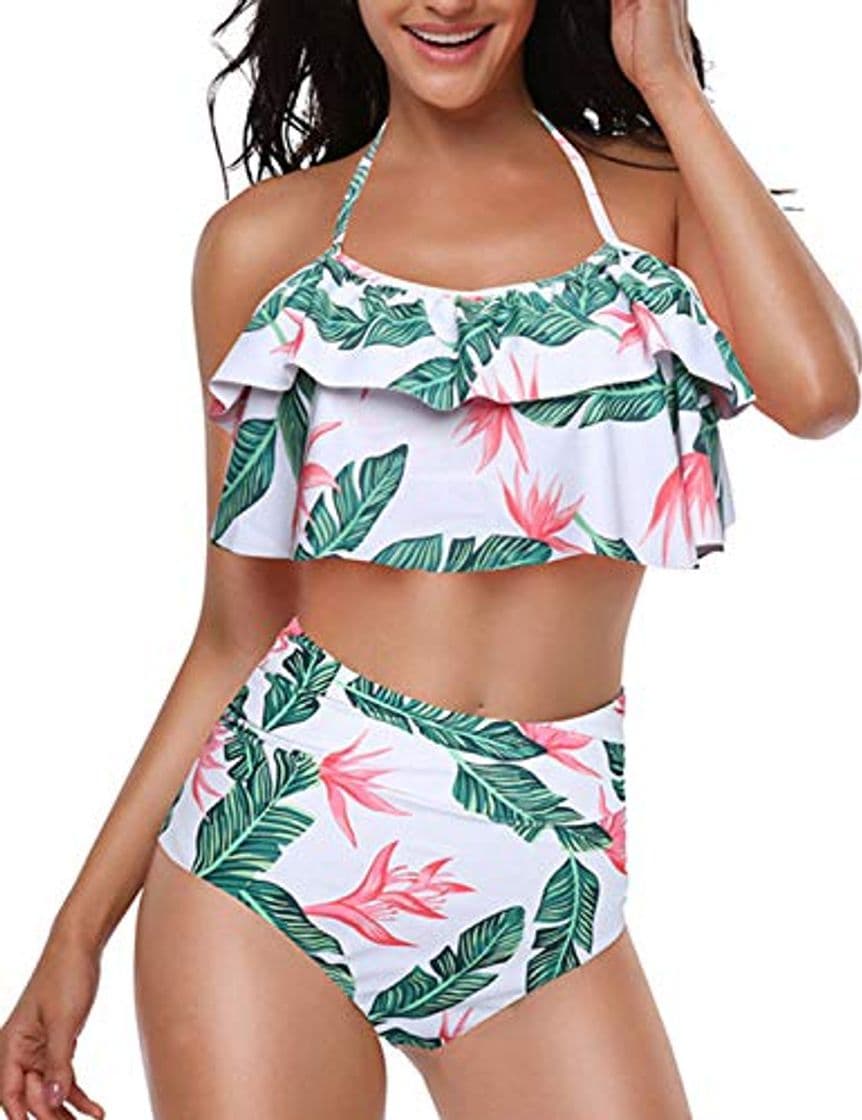 Producto Voqeen Traje de baño para Mujer Top de Bikini de Volante Parte Inferior de Cintura Alta Halter Vintage Push Up de 2 Piezas