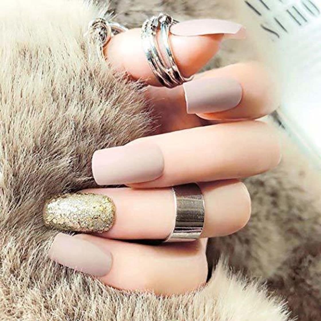 Belleza Fairvir uñas falsas gris mate Bling lentejuelas cobertura completa acrílico uñas postizas