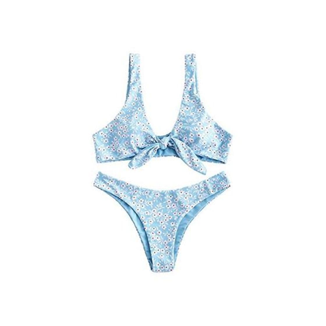 Moda ZAFUL Mujer Flores Bajo Cintura Delantera Bikini Set Dulce Dos Unidades Bañador azul celeste M