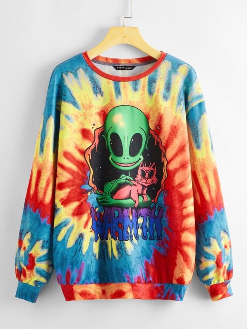 Fashion Drop Shoulder Letter & Alien Print Spiral Tie Dye Pullover