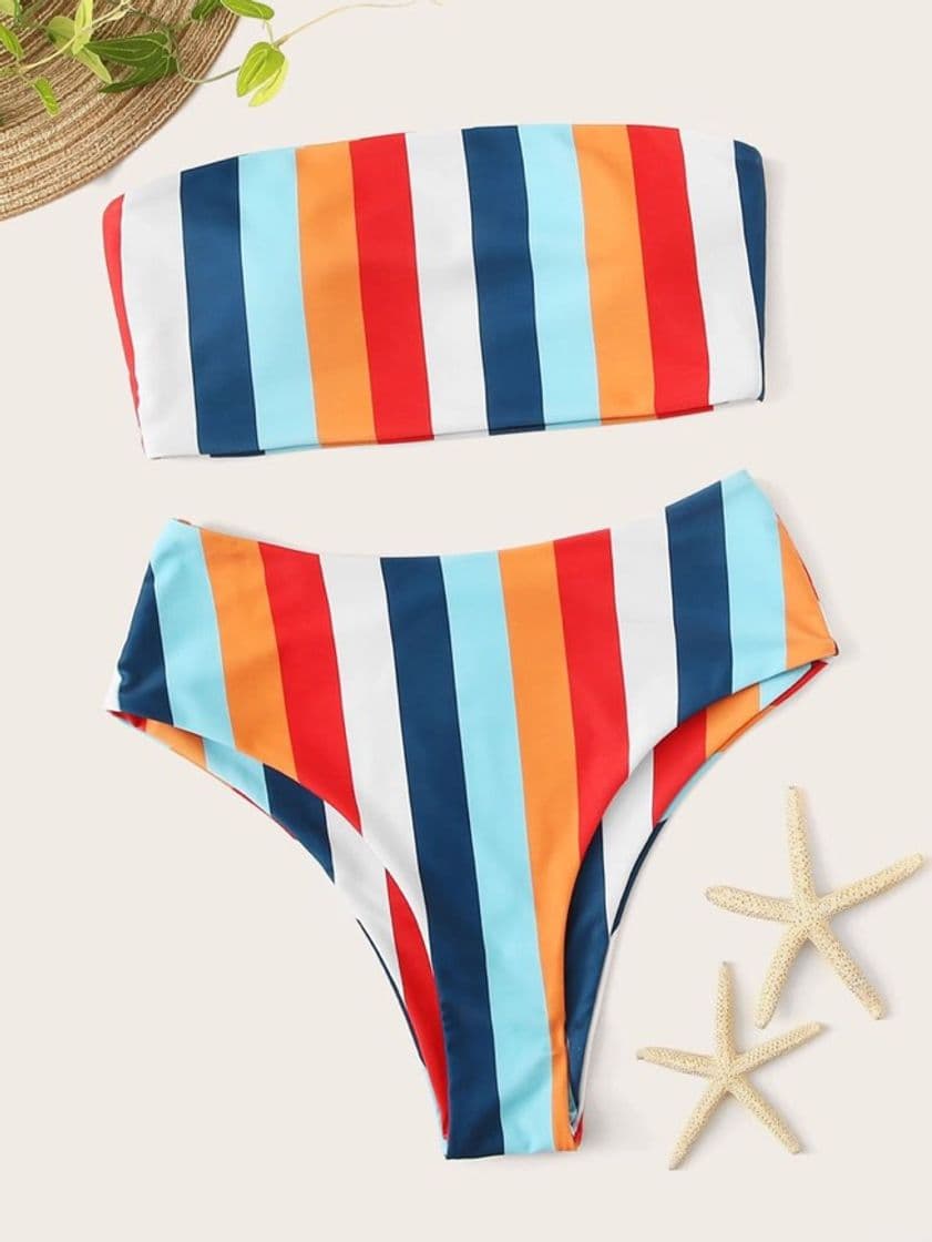 Product Striped Bandeau High Waisted Bikini Swimsuit