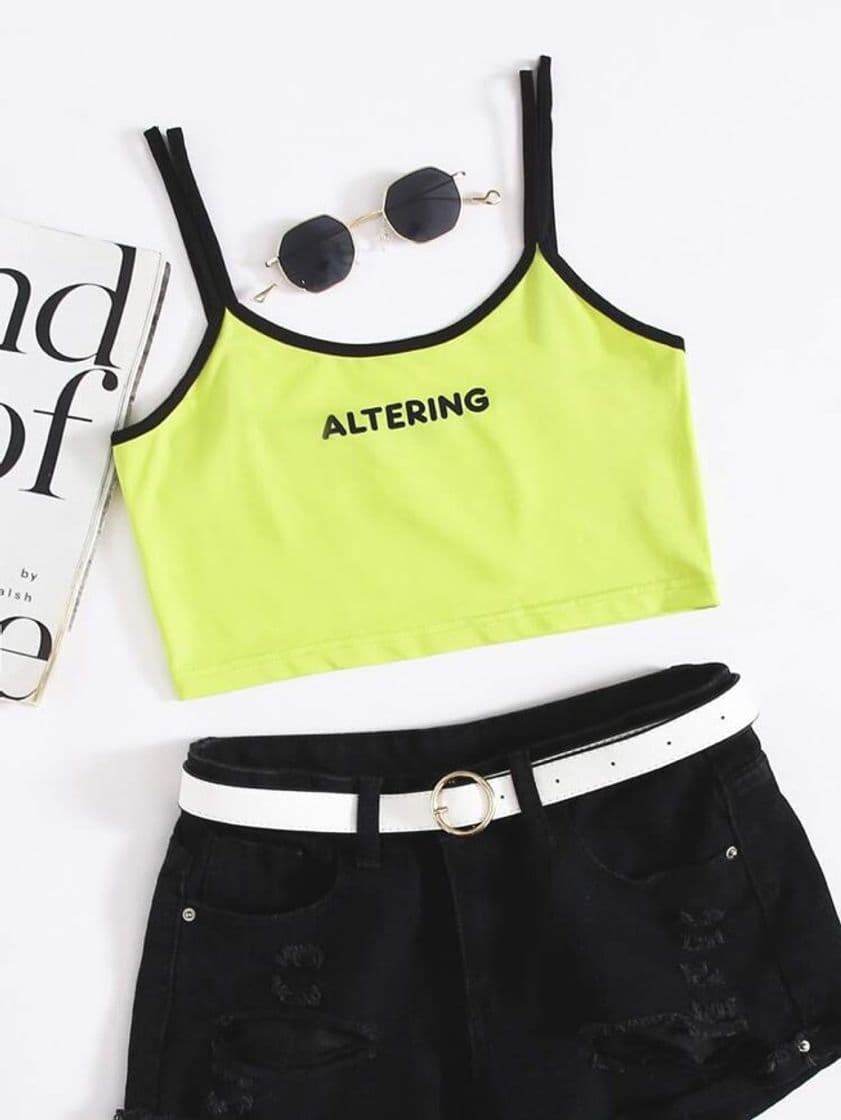 Fashion Neon Green Letter Graphic Double Strappy Crop Top