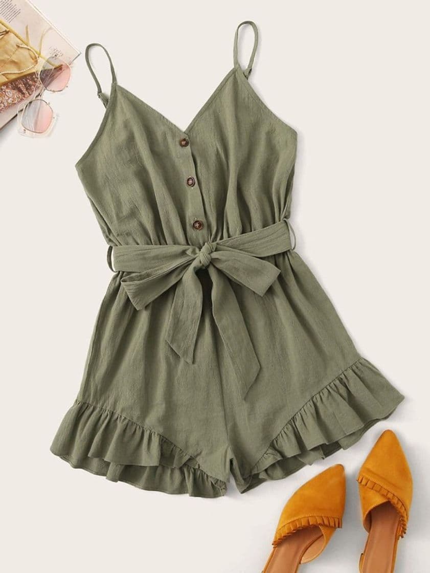 Product Button-Front Belted Ruffled Cami Romper