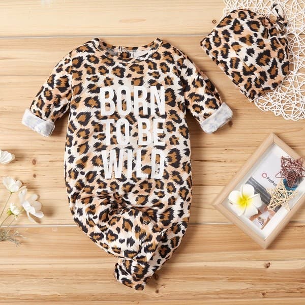 Product 2-piece Baby BORN TO BE WILD Leopard Print Jumpsuit and Hat 