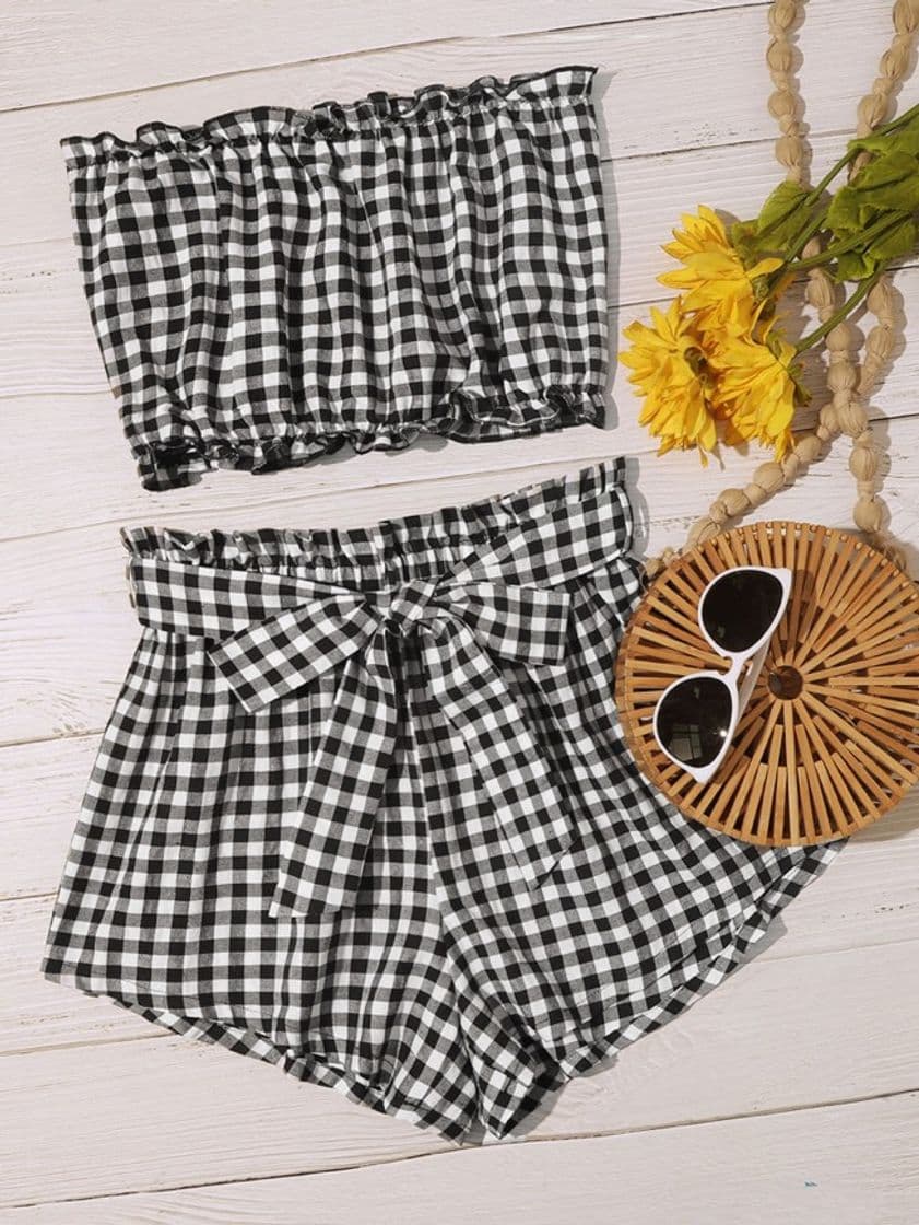 Product Frill Trim Gingham Tube Top & Belted Shorts Set