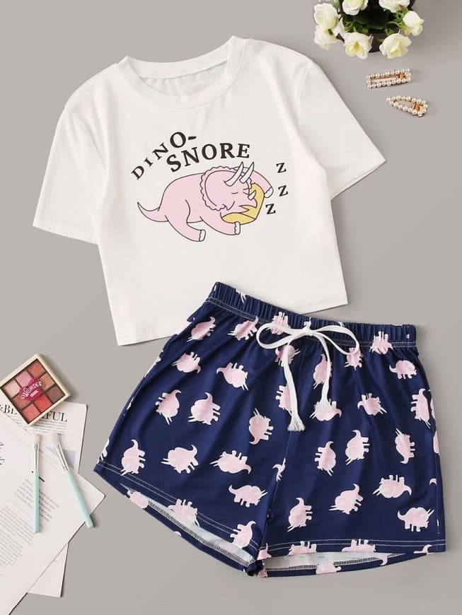 Producto Letter & Cartoon Rhinoceros Print PJ Set