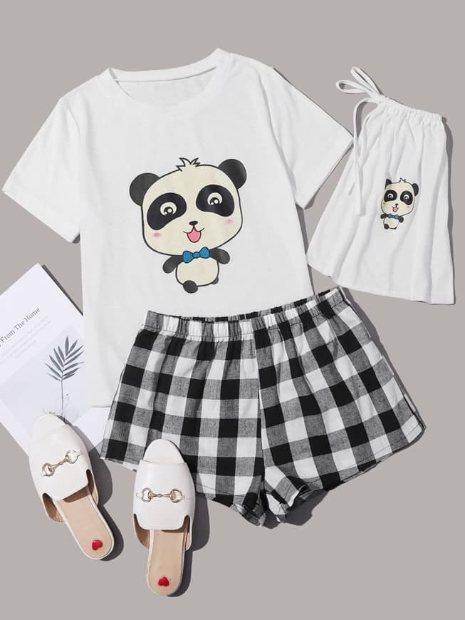 Producto Conjunto De Pijama De Guingán Con Estampado De Panda 