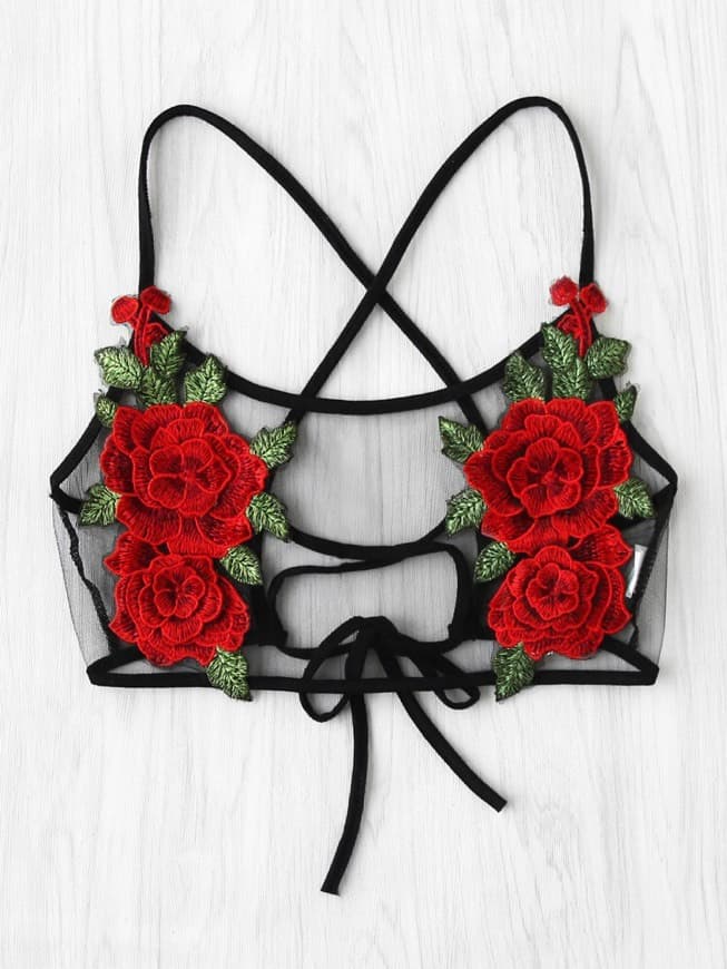 Producto Rose Applique Lace Up Back Sheer Mesh Bralette