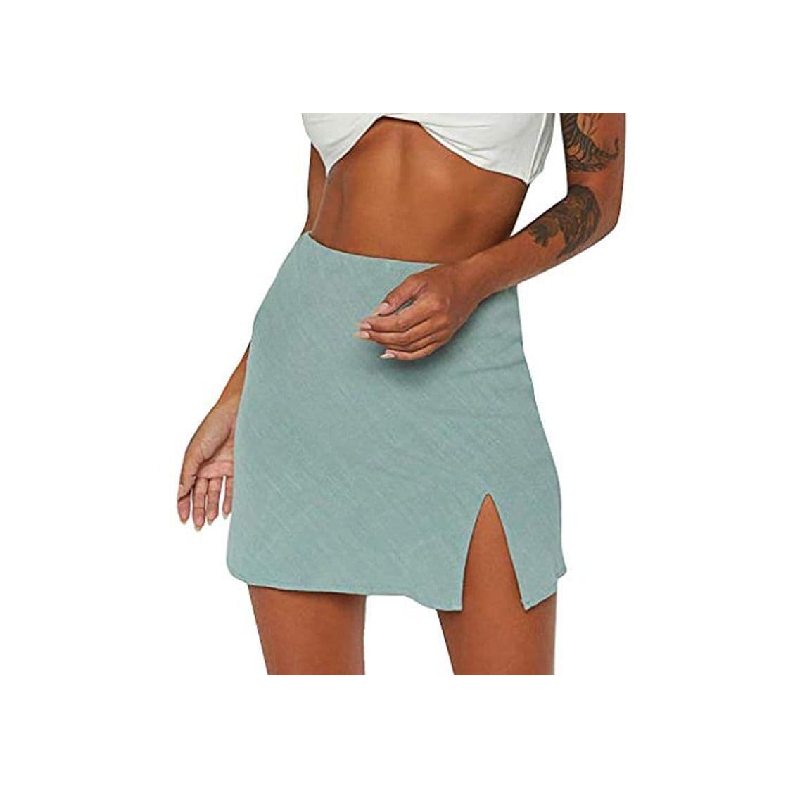 Producto Sylar Faldas Mujer Cortas Verano 2019 Minifalda Sexy Color Sólido con Abertura Lateral Verde Falda De Línea A