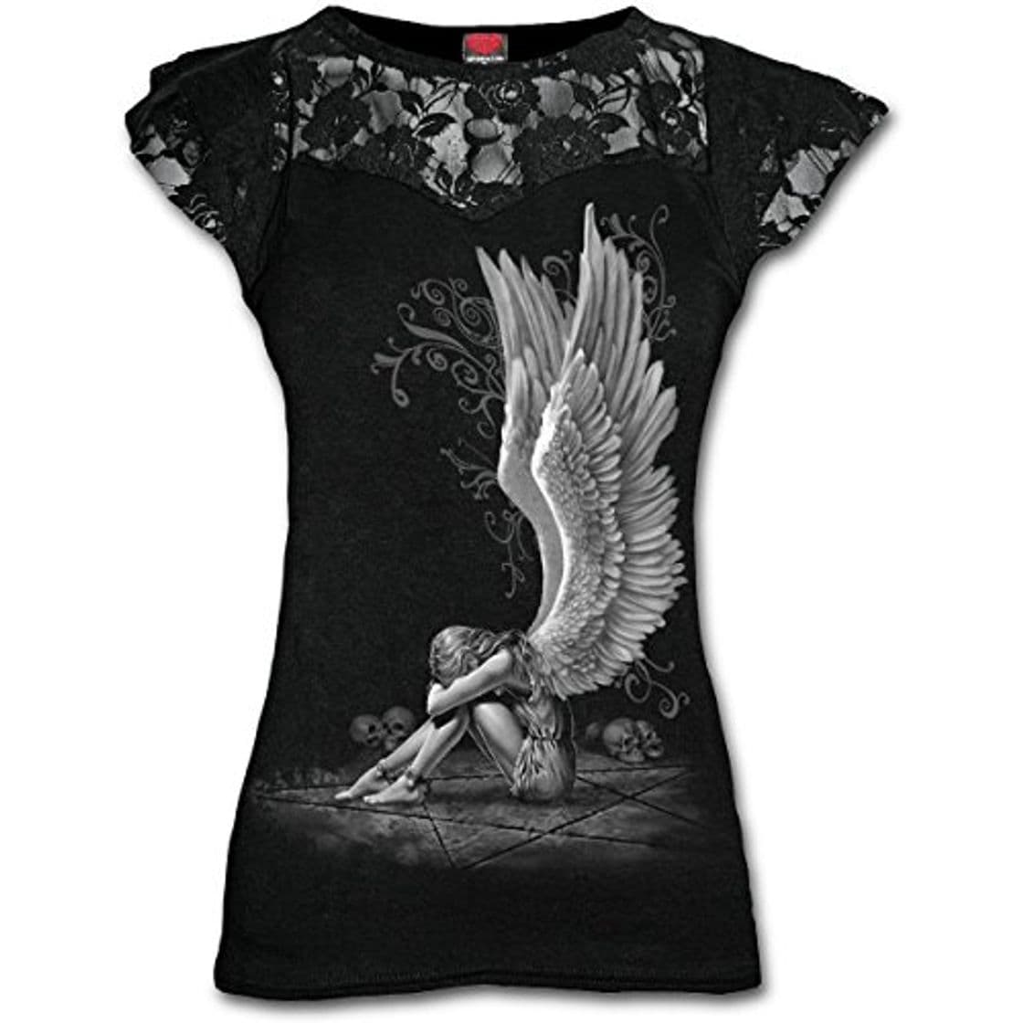 Producto Spiral Direct Enslaved Angel-Lace Layered Cap Sleeve Top Camiseta, Negro