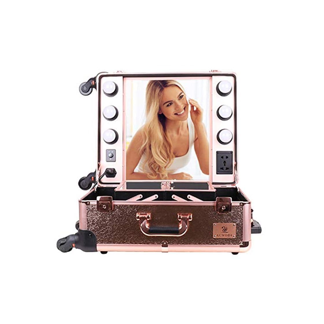 Fashion LUVODI Maleta Maquillaje Profesional con Ruedas Trolley Maquillaje con Luces Regulables Maletín de Cosméticos con Espejo y 6 Bombillas LED Color Oro Rosa