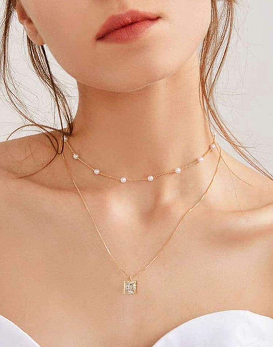 Moda Collar a capas o diseño de diamante y perla💎🤍💧