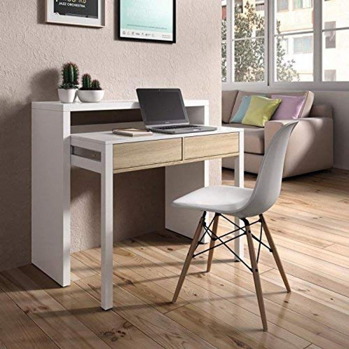 Producto Habitdesign - Mesa Escritorio Extensible, Mesa Estudio Consola, Color Blanco y Roble