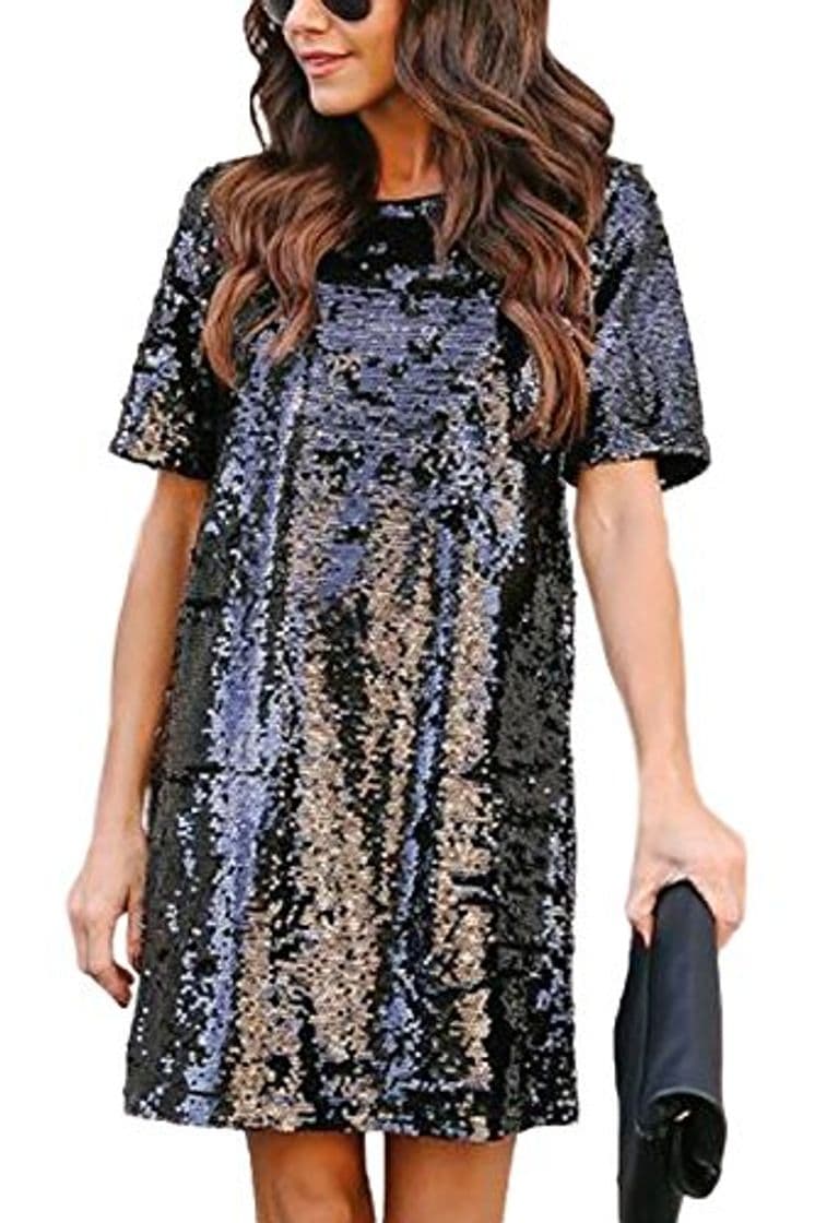 Product Vestidos Casual para Mujer Manga Corta Lentejuelas Brillante Mini Vestido del Club Negro S