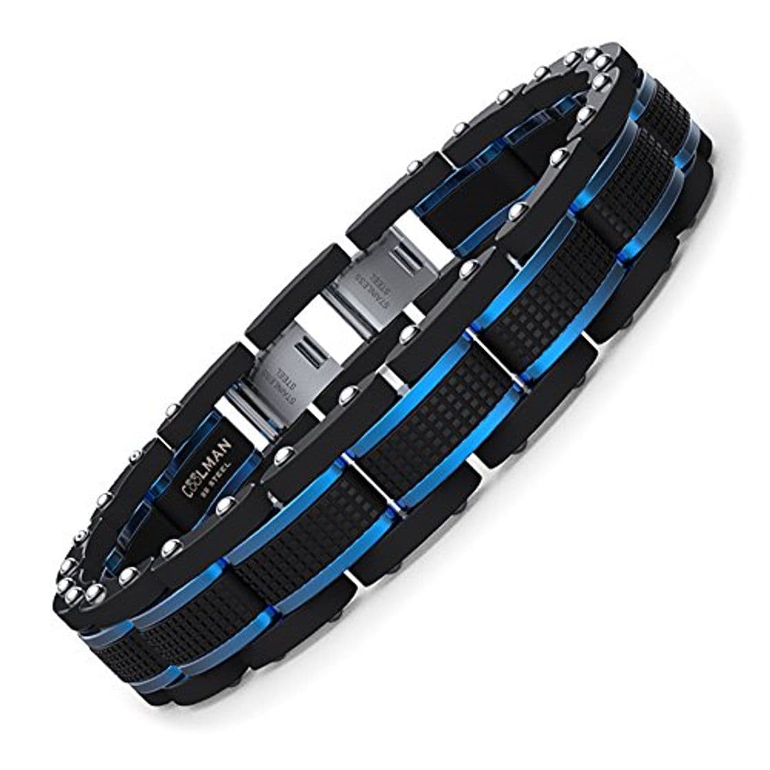 Fashion COOLMAN Joyas para Hombre Pulseras Acero Inoxidable Azul & Negro Ajustable 21,5-23cm