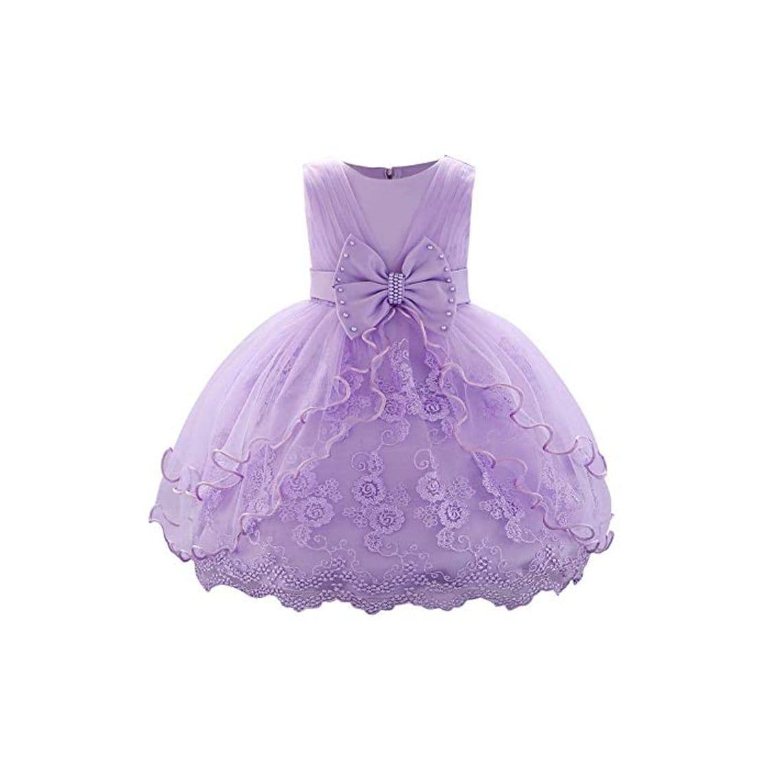 Moda Bebé Niña Sin Mangas Vestido Flores Encaje Perla Cuentas Bowknot Luna Llena