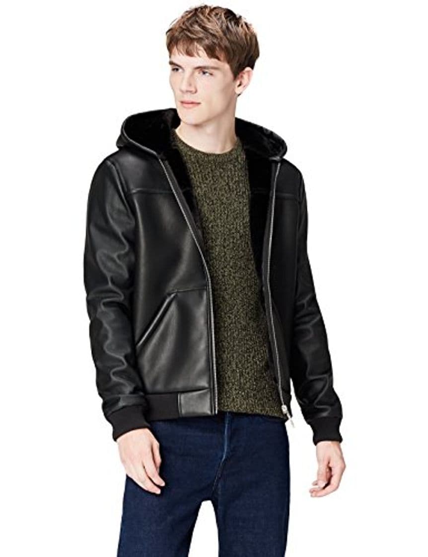 Moda Marca Amazon - find. Chaqueta Efecto Piel con Capucha para Hombre, Negro