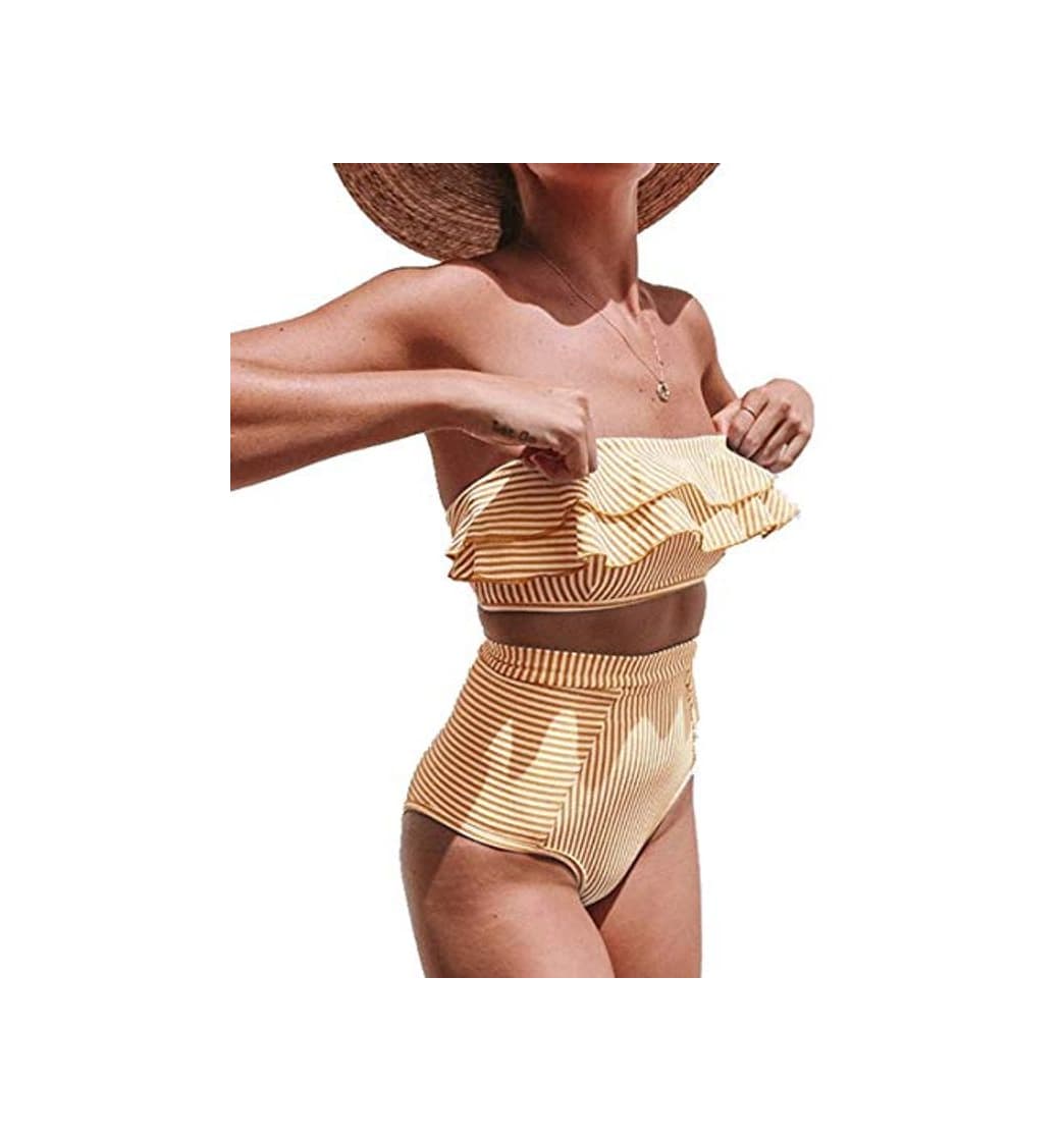 Product JFAN Conjunto de Dos Piezas de Traje de Baño A Rayas de Cintura Alta Volantes para Mujer Traje de Baño Cintura Alta sin Tirantes de Corte Alto