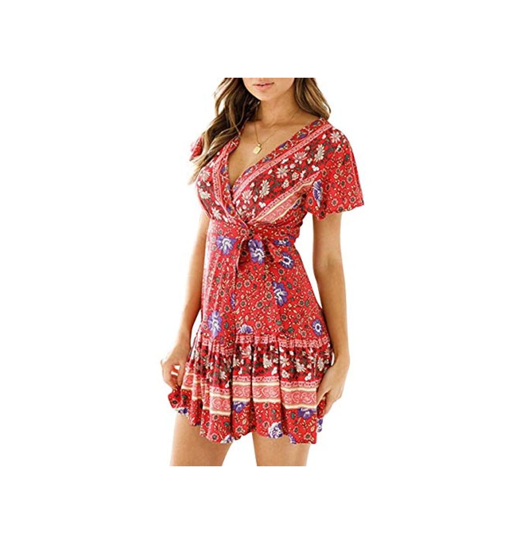 Product Durio Vestido de verano para mujer, corto, escote en V, bohemio, vestido