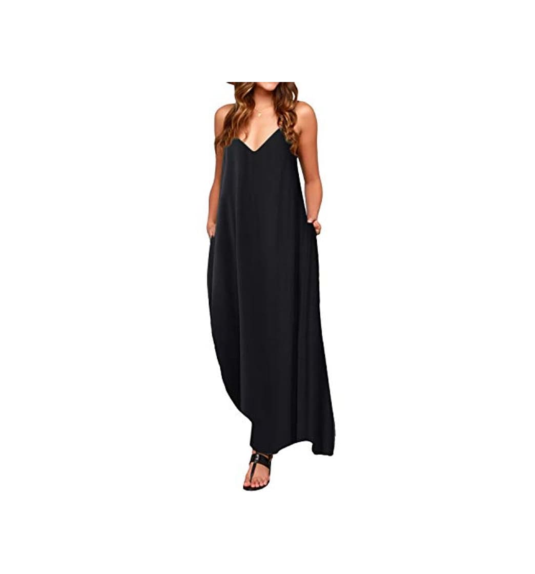 Product ACHIOOWA Mujer Vestido Elegante Playa Casual Dress Cuello V Sin Manga Túnica Sin Hombros Escote Punto Bolsillo Caftán Oversize Falda Larga Negro 2XL