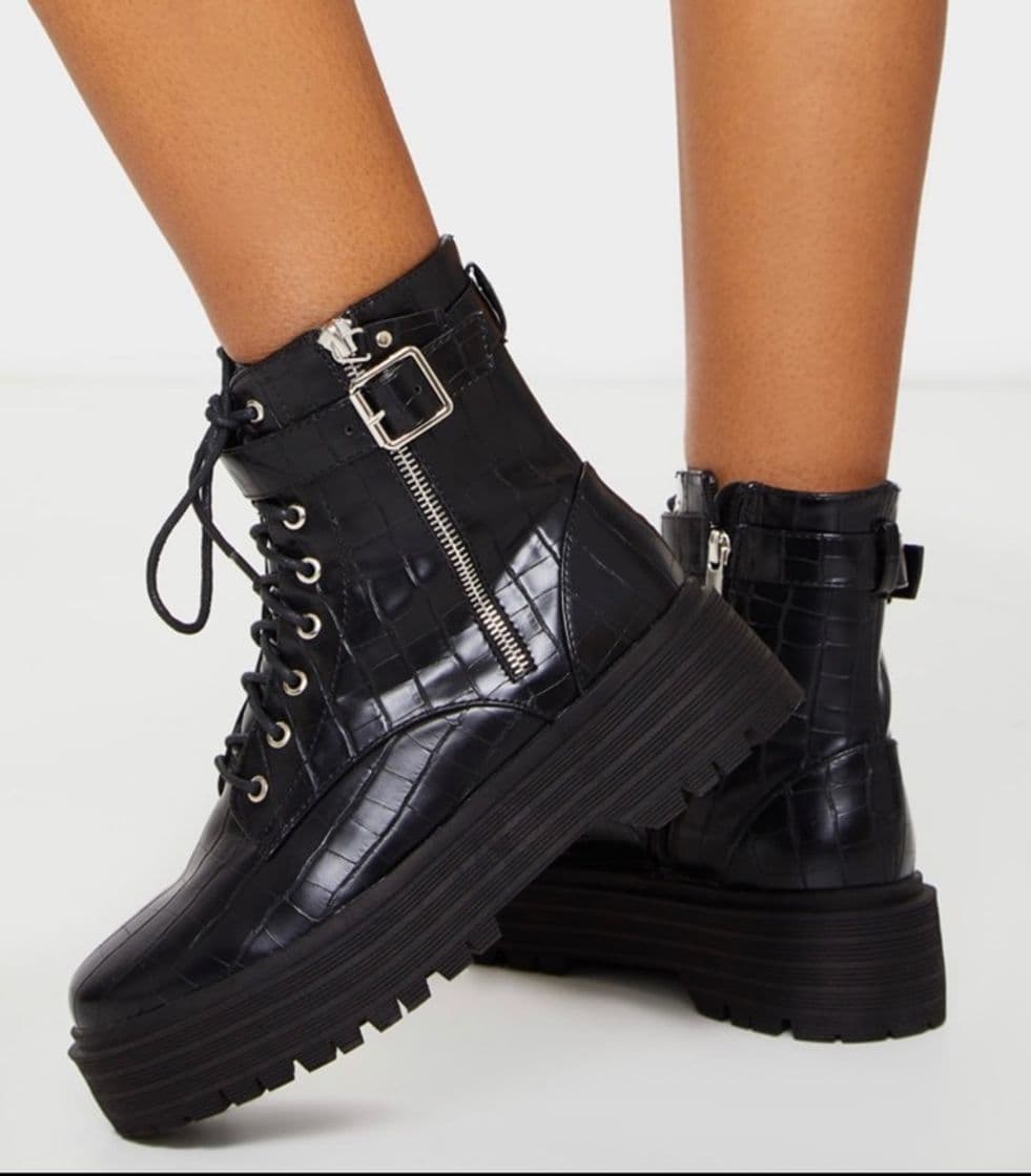 Product Black Double Sole Lace Up Buckle Biker Boot