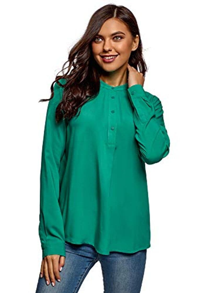 Moda oodji Collection Mujer Blusa de Viscosa con Silueta en A, Verde, ES