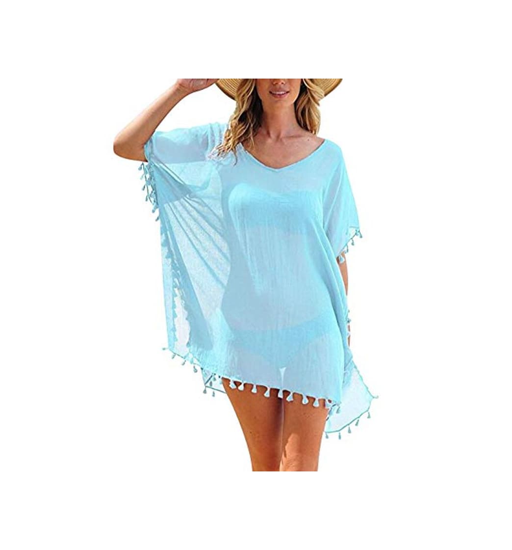 Fashion Vestidos de Playa Pareos Playeros Cuello V Boho Vestido Playa Mujer Kaftan Camisolas Caftanes Bluson Tunica Blusas Playa Piscina Playero Ropa de Playa Bikini Cover Up Tunicas Playera Camisola Azul