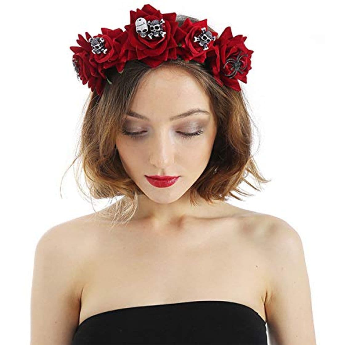 Moda Diadema floral de Halloween con corona de rosas y diseño de calavera