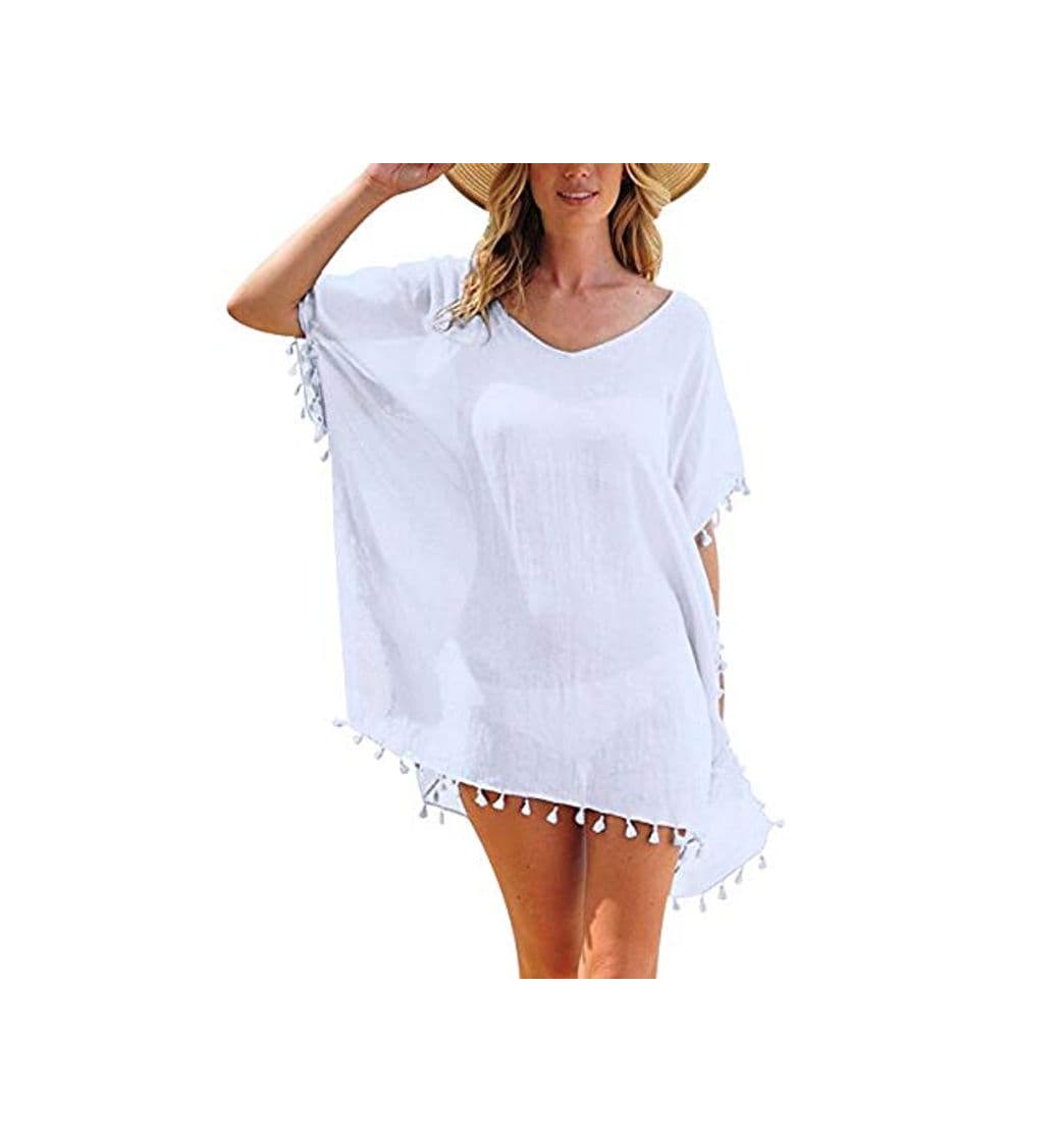 Producto Vestidos de Playa Pareos Playeros Cuello V Boho Vestido Playa Mujer Kaftan Camisolas Caftanes Bluson Tunica Blusas Playa Piscina Playero Ropa de Playa Bikini Cover Up Tunicas Playera Camisola Blanco