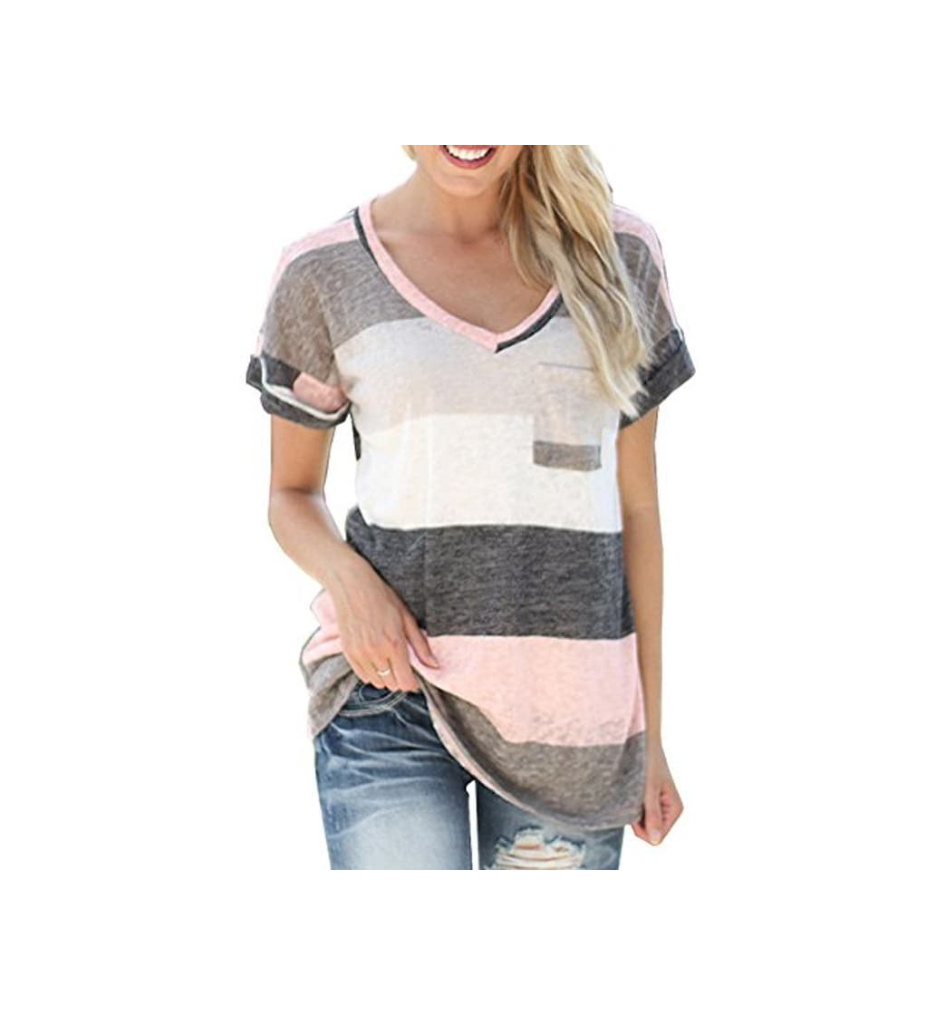 Product Mujeres Verano Camisetas Pullover Casual Camisa Manga Corta Cuello V Blusa Rayadas Patchwork Elástico Tops