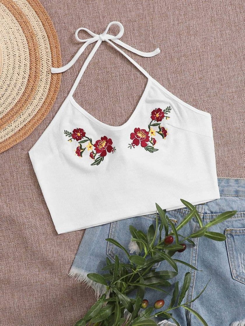 Fashion Top halter tejido de canalé con bordado floral