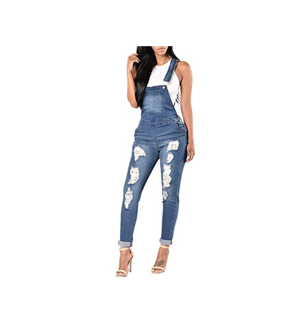 Product Overol de Mujer Jean Monos de Mezclilla sin Mangas Delgados con Agujeros Rasgados Casuales Azul M