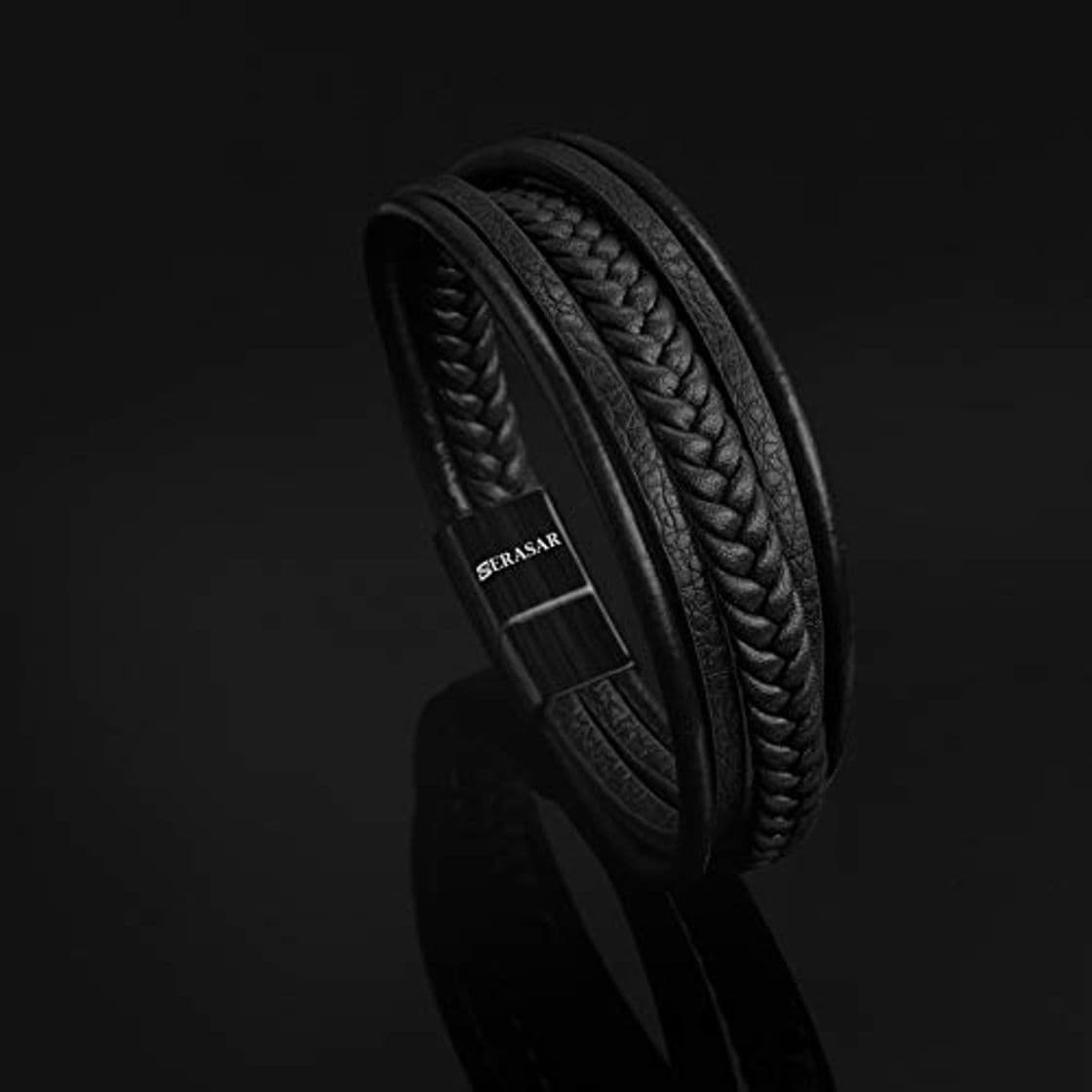 Producto SERASAR 17cm Negro Pulsera de Cuero Hombre Chico Pulseras Hombres Brazalete Brazaletes Pulso Muñequera Muñequeras Bisuteria Bisutería Joyeria Nudos Cuerda Cuerdas Bracelet Men Jewellery Unisex Ancha