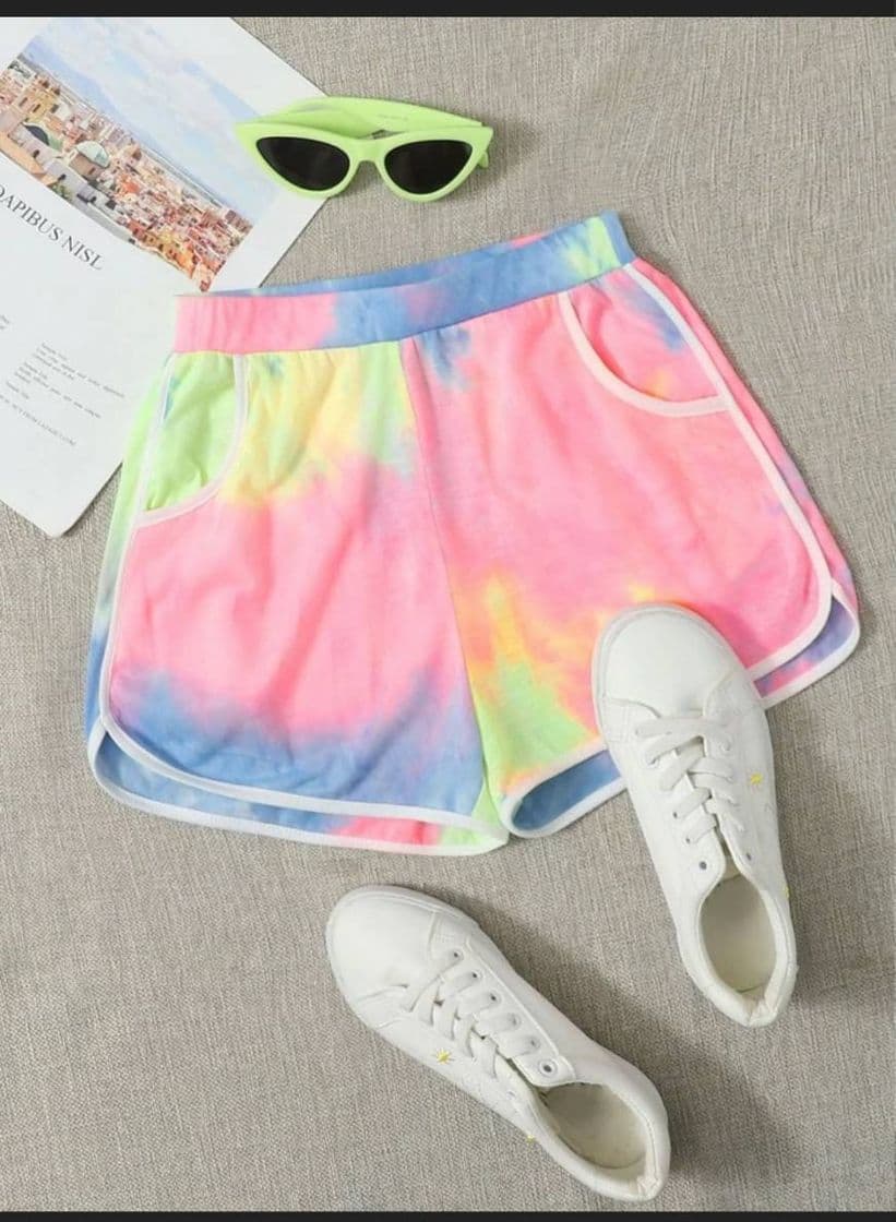 Fashion SHEIN Shorts De Tie Dye Unidos En Contraste

