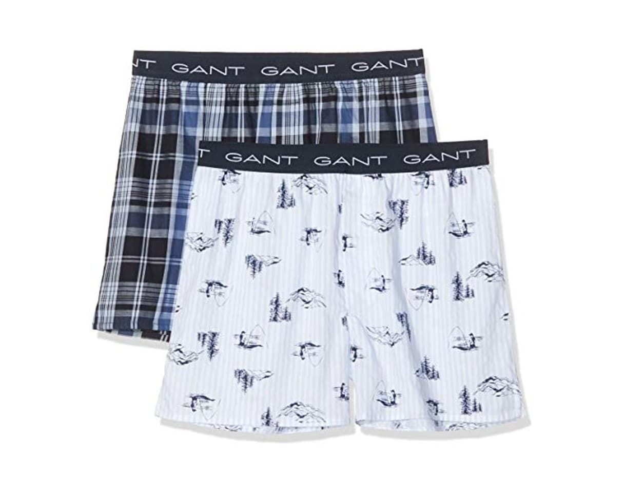 Fashion Gant 2-p Box Shorts Fishing Print/Check Bóxer, Blanco